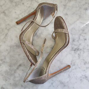 Stuart Weitzman Gold Glitter Ankle Strap Heels Evening Sandals Size 7.5